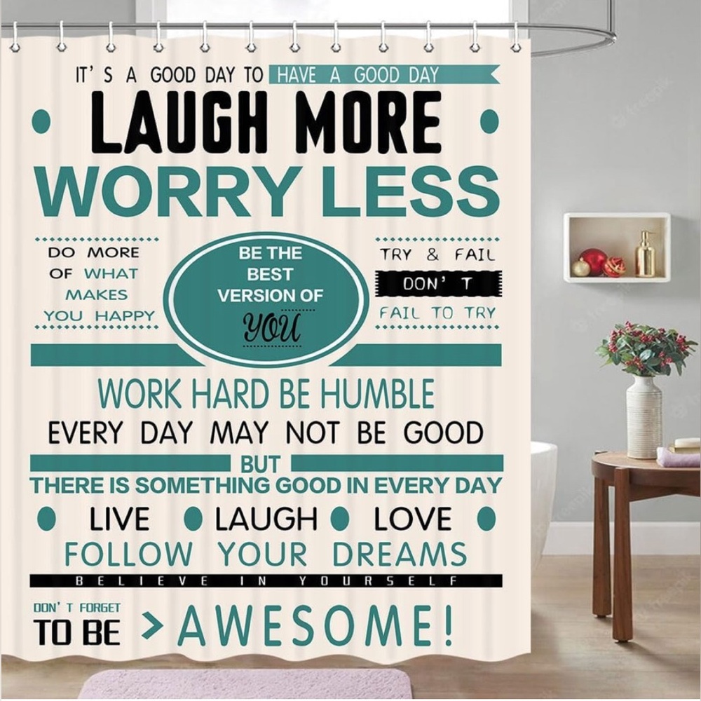 NWOT Motivational Shower Curtain Laugh More Worry Less  approx 71x 63